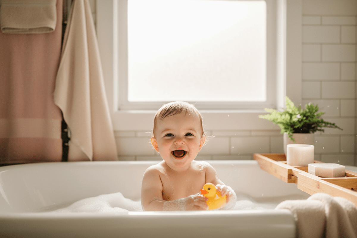 Mother bathing baby in infant tub using gentle fragrance-free baby bath products for a soothing and calming bedtime routine