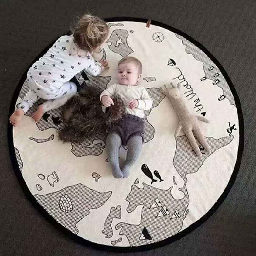 Handprinted world map baby crawling mat with soft cotton for newborn playtime