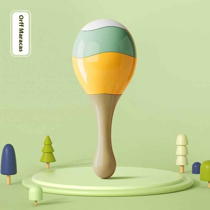 Bright yellow and green baby rattle with engaging sensory features