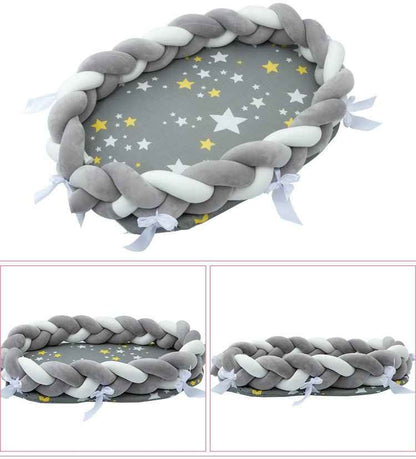 Olive gray braided baby lounger underside view displaying durable stitching and support structure