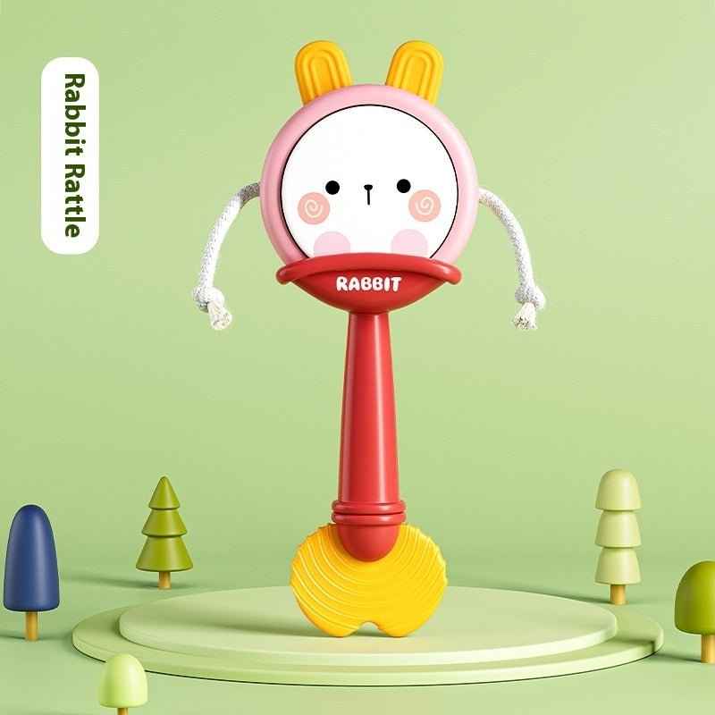 Red and yellow baby rattle toy set with cheerful design